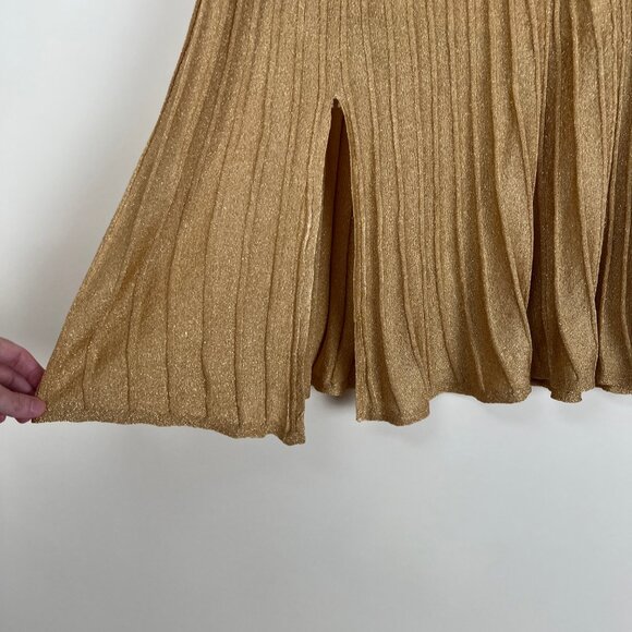 Sandro Emanuelle Metallic Knitted Midi Skirt Pleated High Rise Waisted Slit Gold - Picture 8 of 9